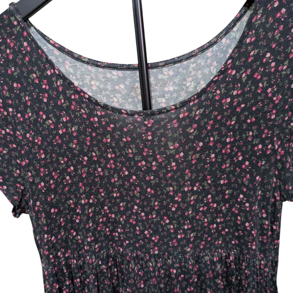 Women’s Medium Black Pink Floral Babydoll Dress Short Sleeve Casual Flowy - Picture 3 of 6